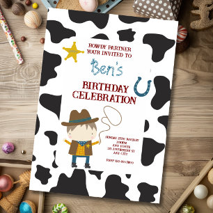 Invitation Anniversaire Cowboy avec Imprimé Vache Mignonne