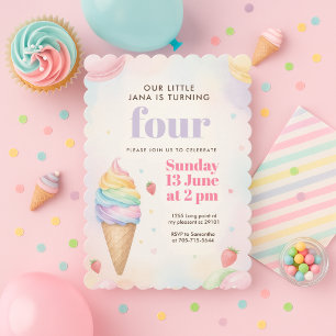 Invitation Anniversaire Crème Glacée Rose Pastel   Fille Mign