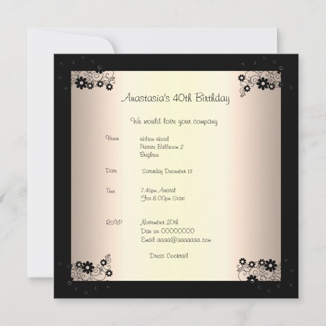 Invitation Anniversaire Crème glamour noir Floral (Devant)