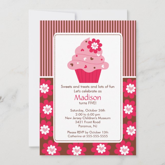 Invitation Anniversaire Cute Fleur Cupcake rose Br (Devant)