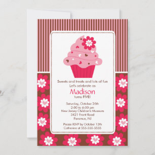 Invitation Anniversaire Cute Fleur Cupcake rose Br