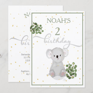 Invitation Anniversaire Cute Koala Green Feuille Gold