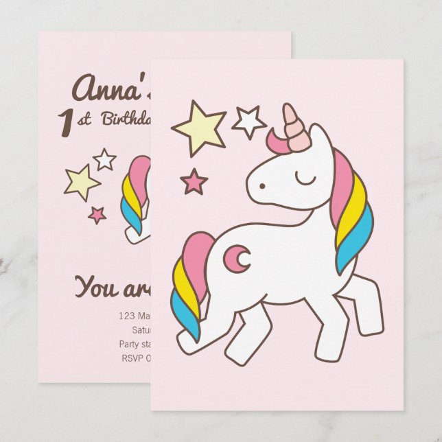 Invitation Anniversaire. Cute Unicorne avec de mignons baguet (Devant / Derrière)