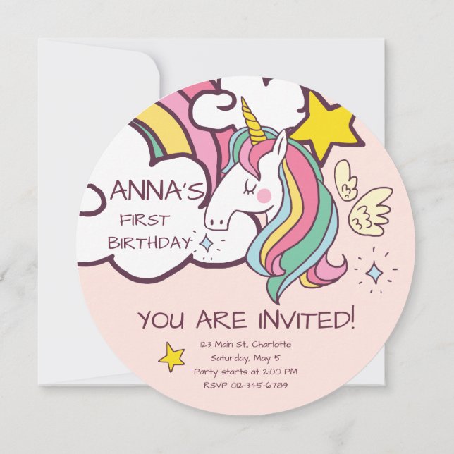 Invitation Anniversaire. Cute Unicorne avec de mignons Coeurs (Dos)