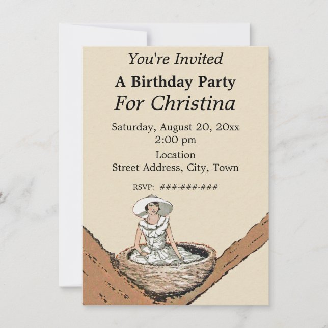 Invitation Anniversaire Dame en blanc assise dans l'arbre de  (Devant)