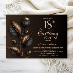 Invitation Anniversaire de 18 ans au eucalyptus noir stylisé