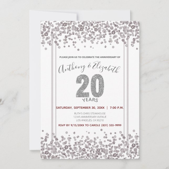 Invitation Anniversaire de 20 ans style paillettes de confett (Devant)