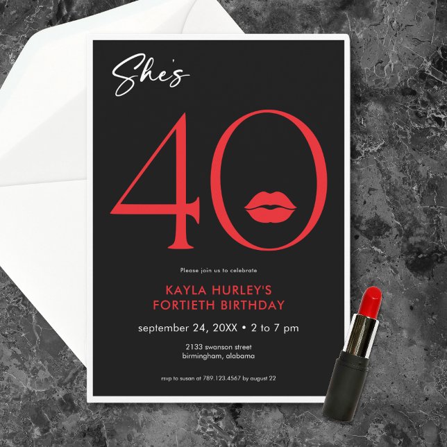 Invitation Anniversaire de 40 ans aux lèvres rouges minimalis (Modern Minimal Red Lips She's Forty Birthday Invitation)