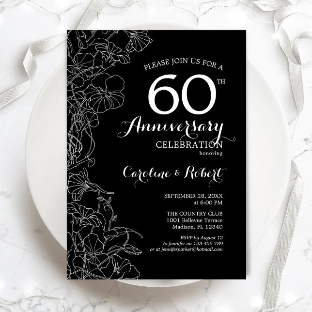 Invitation Anniversaire de 60 ans Fleur Floral Noir Blanc (Créateur téléchargé)