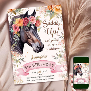 Invitation Anniversaire de 8 ans Cheval Cowgirl Rose Floral S