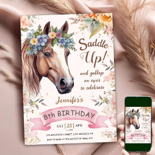 Invitation Anniversaire de 8 ans Cheval Fleur CowGirl Saddle