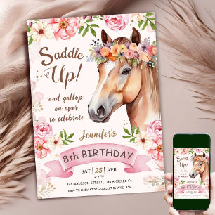 Invitation Anniversaire de 8 ans Cheval Fleurs de Rose Rose S