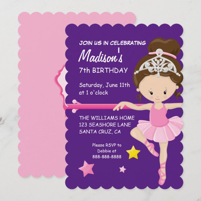 Invitation Anniversaire de Ballerina (Devant / Derrière)