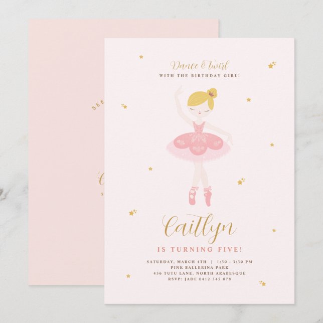 Invitation Anniversaire de Ballerina Rose & Or (Devant / Derrière)