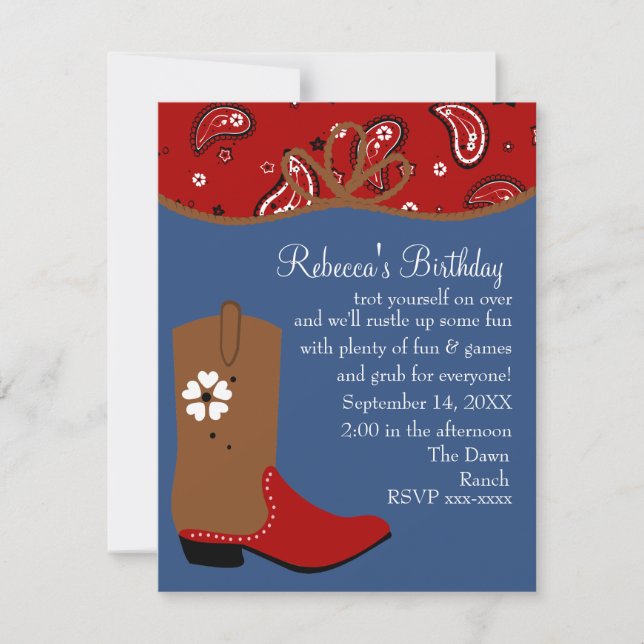 Invitation Anniversaire de Bandana et Lasso Cowgirl (Devant)