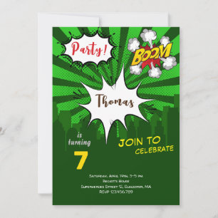 Invitation anniversaire de bande dessinée verte pop art