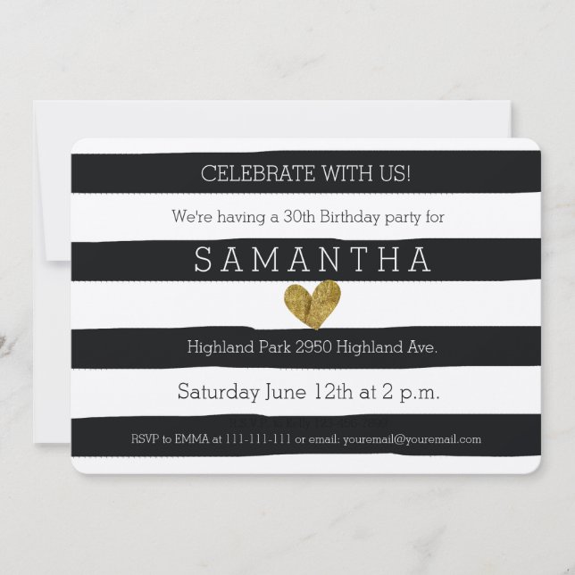 Invitation Anniversaire de Black and White Stripes Gold Heart (Devant)