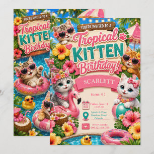 Invitation Anniversaire de Chat Tropical - Fête au Piscine