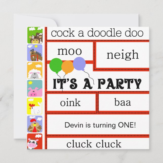 Invitation Anniversaire de cheval de porc de vache à la ferme (Devant)