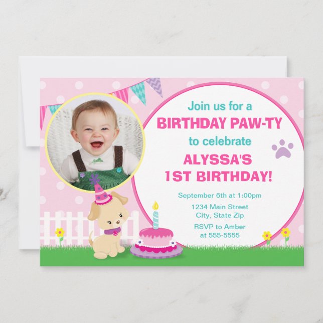Invitation Anniversaire de Chien rose 5x7 Carte ph (Devant)