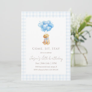 Invitation Anniversaire de chiot Retriever Gingham Bleu Doré