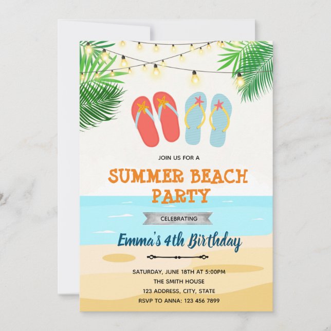 Invitation Anniversaire de claquettes de plage (Devant)