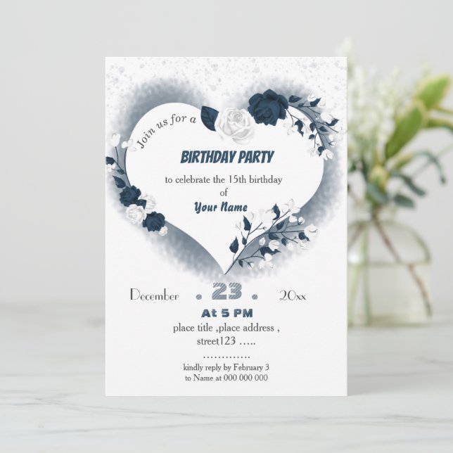 Invitation anniversaire de cur floral marine et blanc (Debout devant)