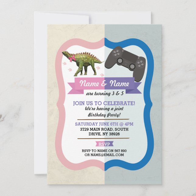 Invitation Anniversaire de Dinosaur Bow & Gaming Joint Boy Gi (Devant)