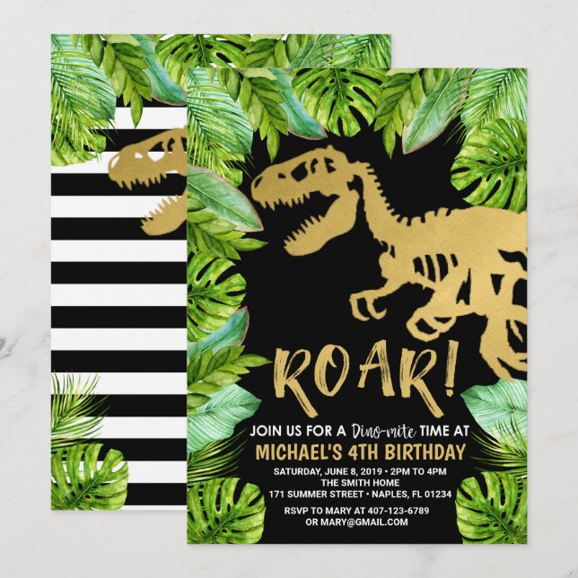 Invitation Anniversaire de Dinosaur Roar Dino (Devant / Derrière)