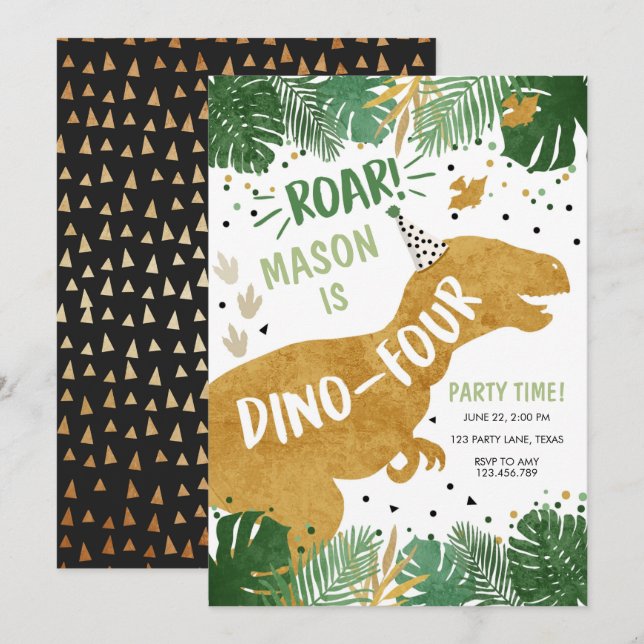 Invitation Anniversaire de Dinosaur T-Rex Boy Quatre Dino (Devant / Derrière)