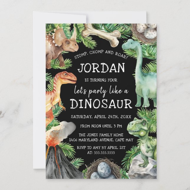 Invitation Anniversaire de dinosaure pour enfants amusants   (Devant)