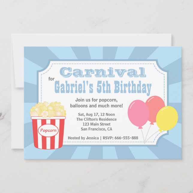 Invitation Anniversaire de enfant - Carnaval avec Popcorn et  (Devant)