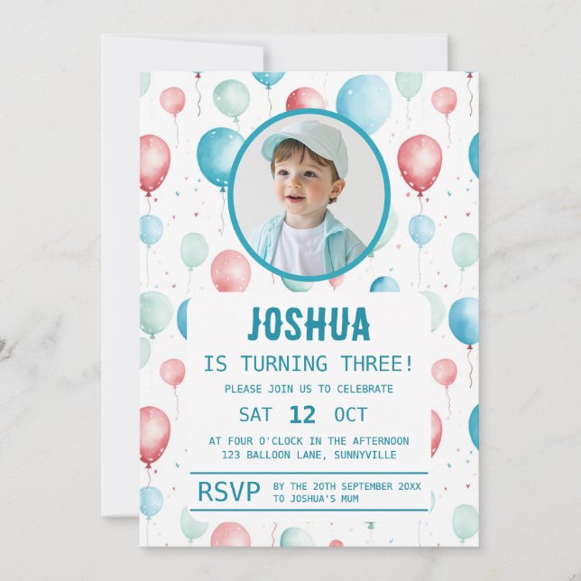 Invitation Anniversaire de enfant de ballons bleu doux (Devant)