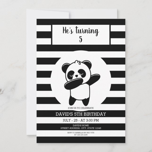 Invitation Anniversaire de enfant de bande noir et blanc Pand (Devant)