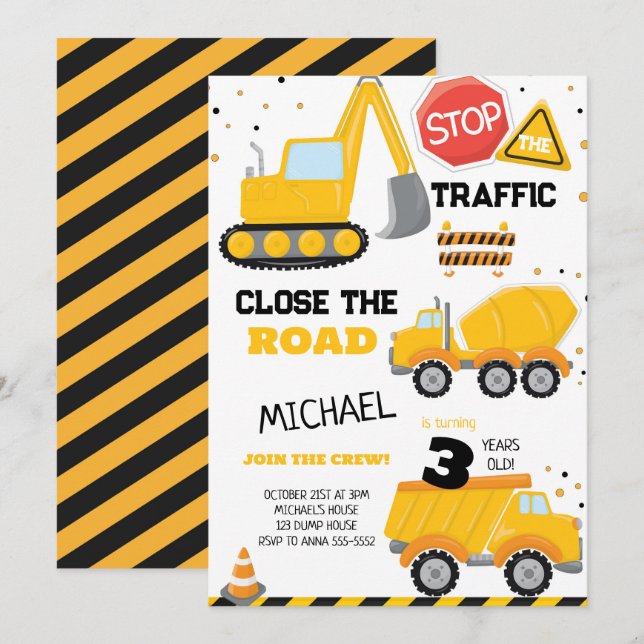 Invitation Anniversaire de enfant de camion de construction (Devant / Derrière)
