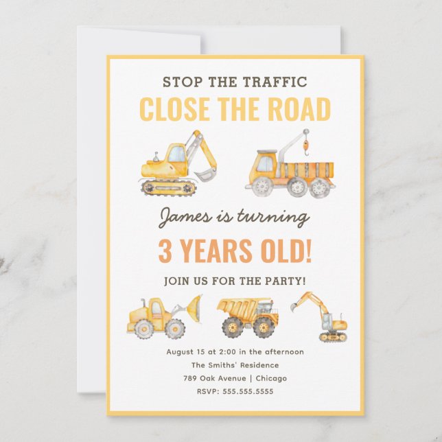 Invitation Anniversaire de enfant de camion de construction (Devant)