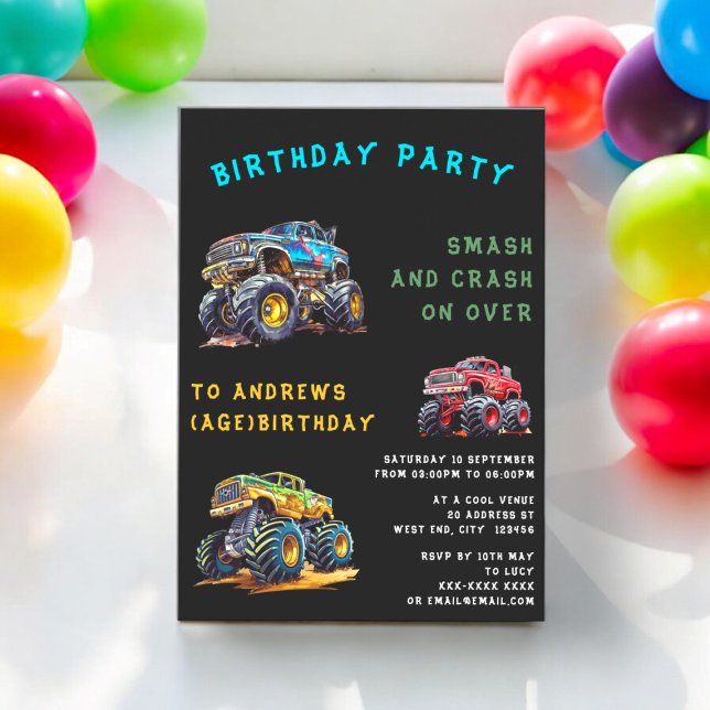 Invitation Anniversaire de enfant de camion monstre personnal (monster truck birthday theme , fully editable , kids birthday invitation )
