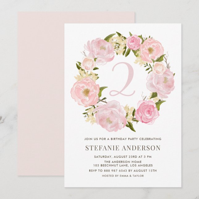 Invitation Anniversaire de enfant de couronne de pivoine rose (Devant / Derrière)