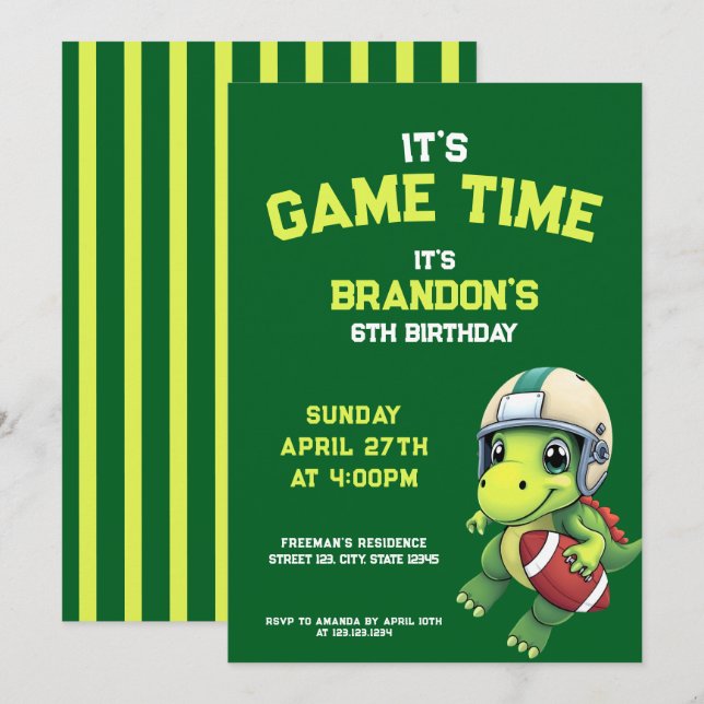 Invitation Anniversaire de enfant de Dinosaure de football ve (Devant / Derrière)