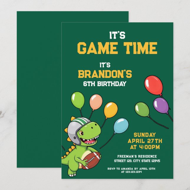 Invitation Anniversaire de enfant de dinosaures verts et jaun (Devant / Derrière)
