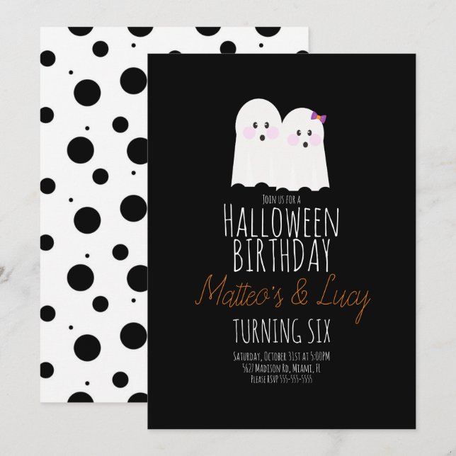 Invitation Anniversaire de enfant de jumeaux pour Halloween G (Devant / Derrière)