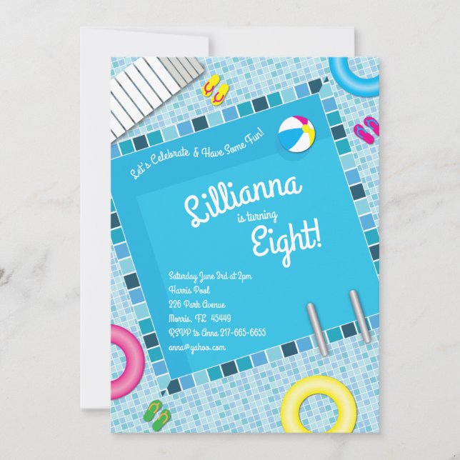 Invitation Anniversaire de enfant de la fête de la piscine ét (Devant)