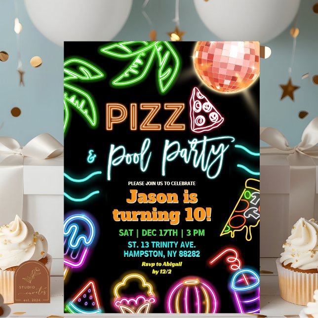 Invitation Anniversaire de enfant de la fête de la Pizza Neon (Créateur téléchargé)