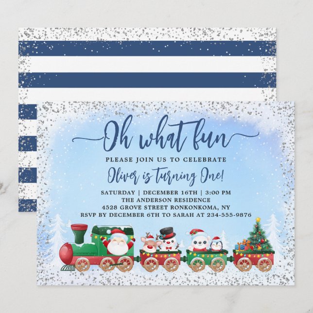Invitation Anniversaire de enfant de Noël Silver Blue Santa C (Devant / Derrière)