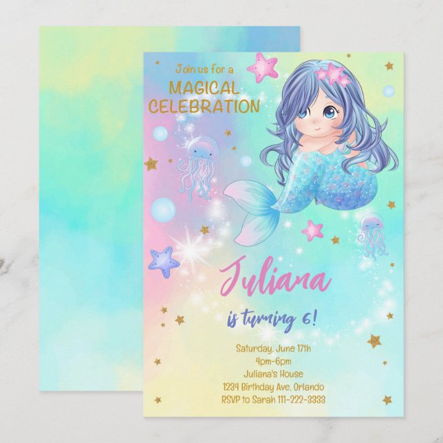 Invitation Anniversaire de enfant de sirène magiqu (Devant / Derrière)