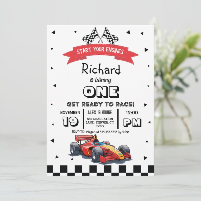 Invitation Anniversaire de enfant de voiture de course (Debout devant)
