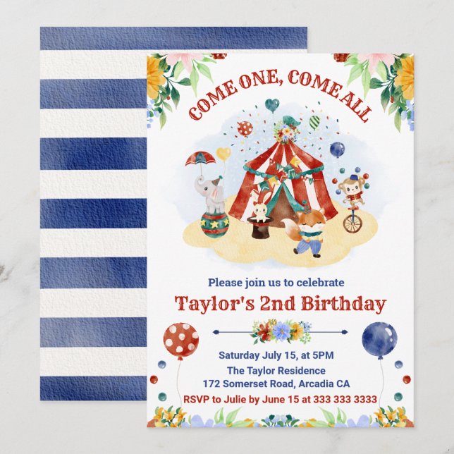 Invitation Anniversaire de enfant du Carnaval de cirque d'aqu (Devant / Derrière)