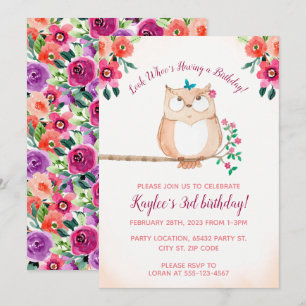 Invitation Anniversaire de enfant floral de hibou