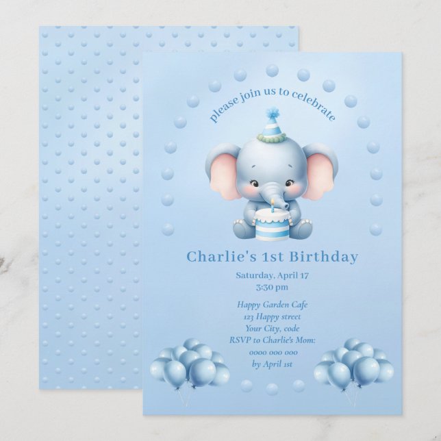 Invitation Anniversaire de enfant Little Blue Elep (Devant / Derrière)