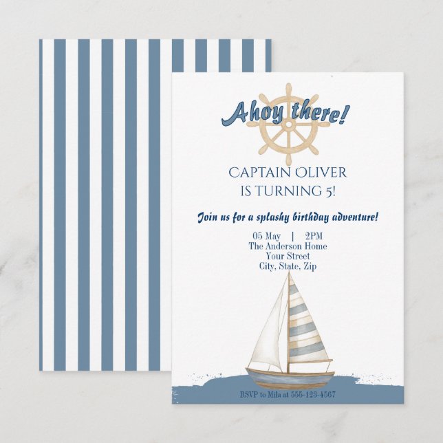 Invitation Anniversaire de enfant nautique | Bateau bleu et b (Devant / Derrière)
